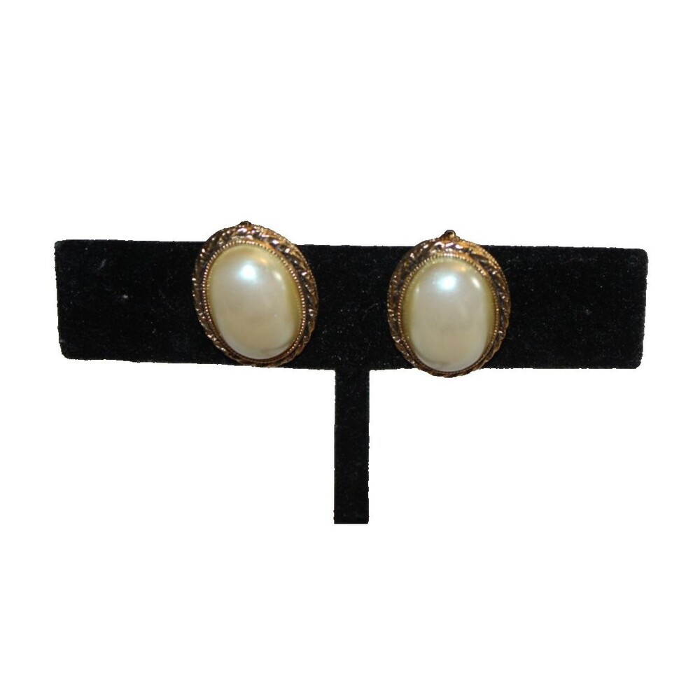 Clip-On Gold Tone Earrings With Oval White Faux Pearl Cabochon